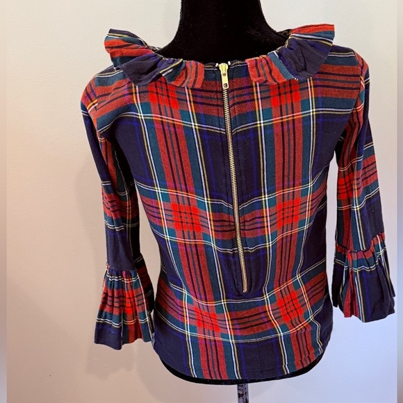 Women’s ELIZABETH WILSON red plaid ruffle zip up blouse- Size Small - Picture 2 of 6